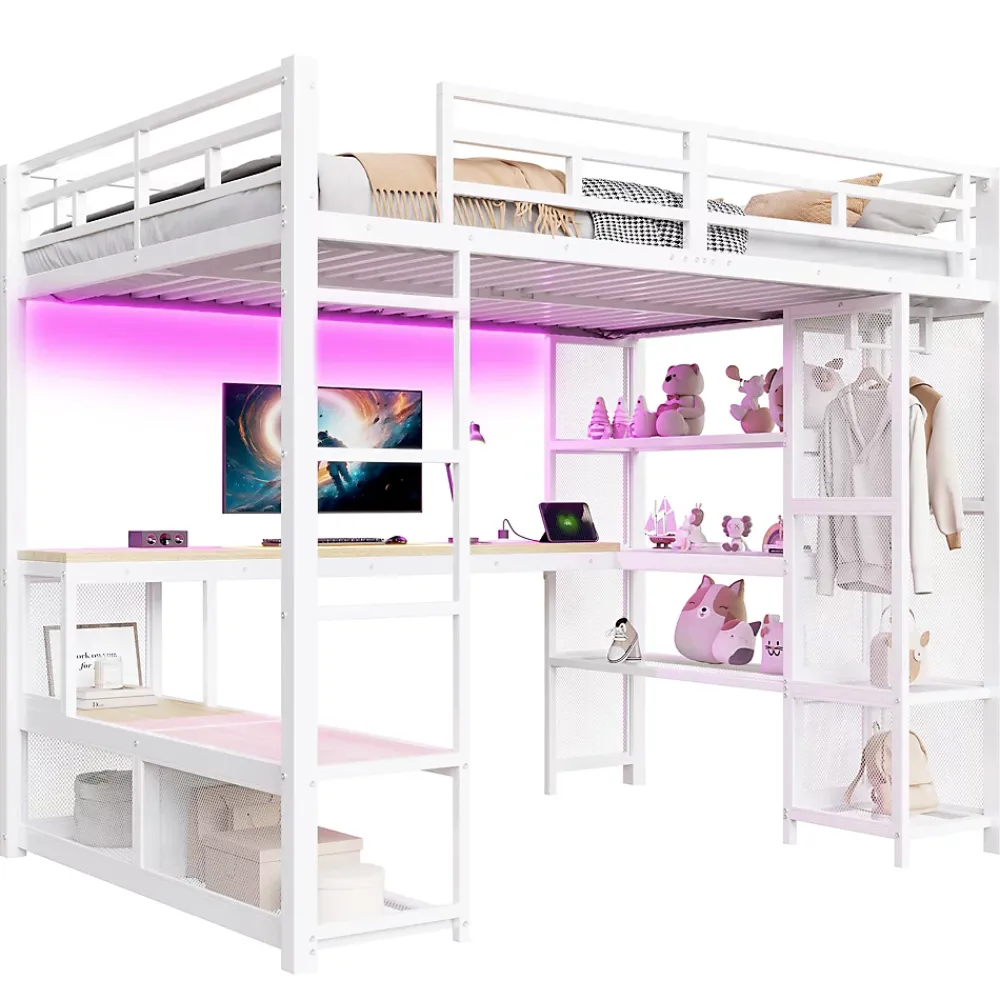 ModernLuxe Lit mezzanine en métal 140x200 cm - Avec bureau et étagères - Avec penderie ouverte - Port USB et LED - Blanc (sans matelas)* Lit Mezzanine