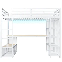 ModernLuxe Lit mezzanine en métal 140x200 cm - Avec bureau et étagères - Avec penderie ouverte - Port USB et LED - Blanc (sans matelas)* Lit Mezzanine