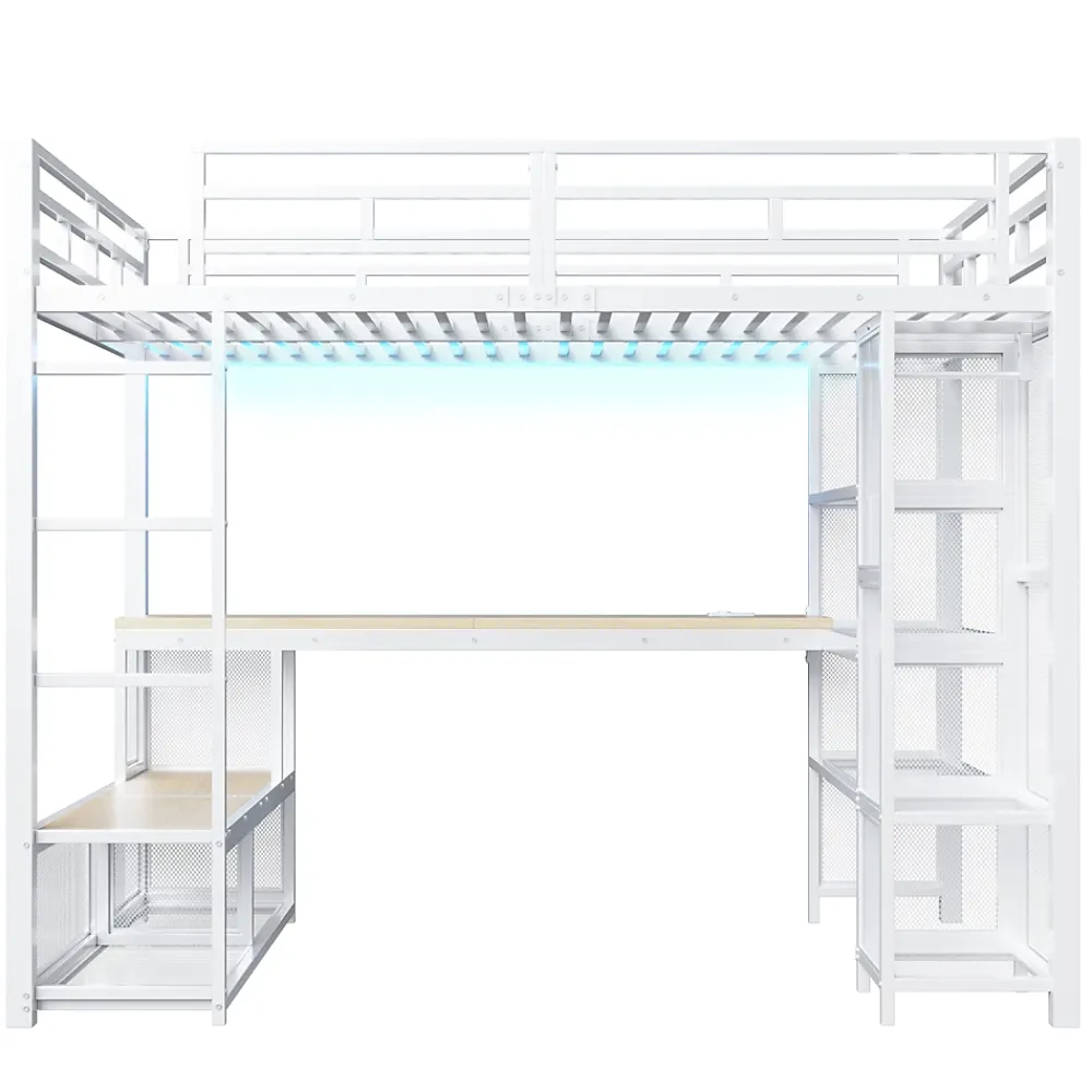 ModernLuxe Lit mezzanine en métal 140x200 cm - Avec bureau et étagères - Avec penderie ouverte - Port USB et LED - Blanc (sans matelas)* Lit Mezzanine