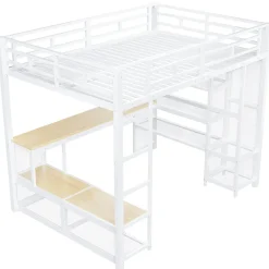 ModernLuxe Lit mezzanine en métal 140x200 cm - Avec bureau et étagères - Avec penderie ouverte - Port USB et LED - Blanc (sans matelas)* Lit Mezzanine