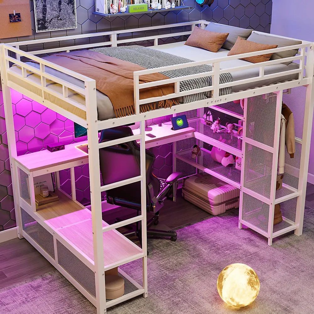 ModernLuxe Lit mezzanine en métal 140x200 cm - Avec bureau et étagères - Avec penderie ouverte - Port USB et LED - Blanc (sans matelas)* Lit Mezzanine