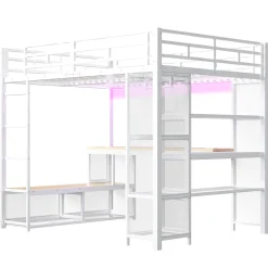 ModernLuxe Lit mezzanine en métal 140x200 cm - Avec bureau et étagères - Avec penderie ouverte - Port USB et LED - Blanc (sans matelas)* Lit Mezzanine