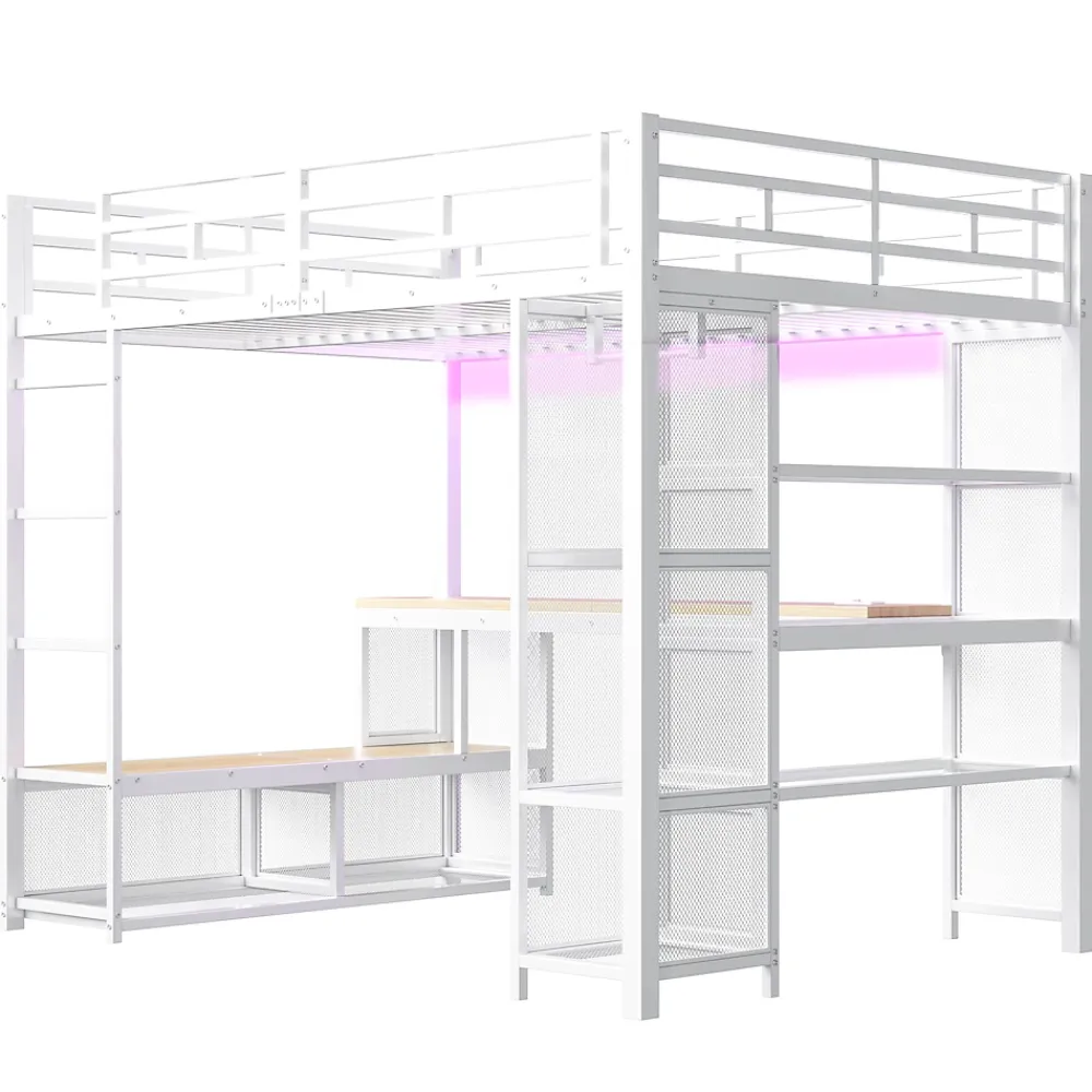 ModernLuxe Lit mezzanine en métal 140x200 cm - Avec bureau et étagères - Avec penderie ouverte - Port USB et LED - Blanc (sans matelas)* Lit Mezzanine