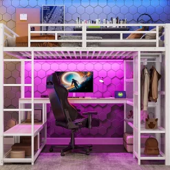 ModernLuxe Lit mezzanine en métal 140x200 cm - Avec bureau et étagères - Avec penderie ouverte - Port USB et LED - Blanc (sans matelas)* Lit Mezzanine
