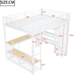 ModernLuxe Lit mezzanine en métal 140x200 cm - Avec bureau et étagères - Avec penderie ouverte - Port USB et LED - Blanc (sans matelas)* Lit Mezzanine