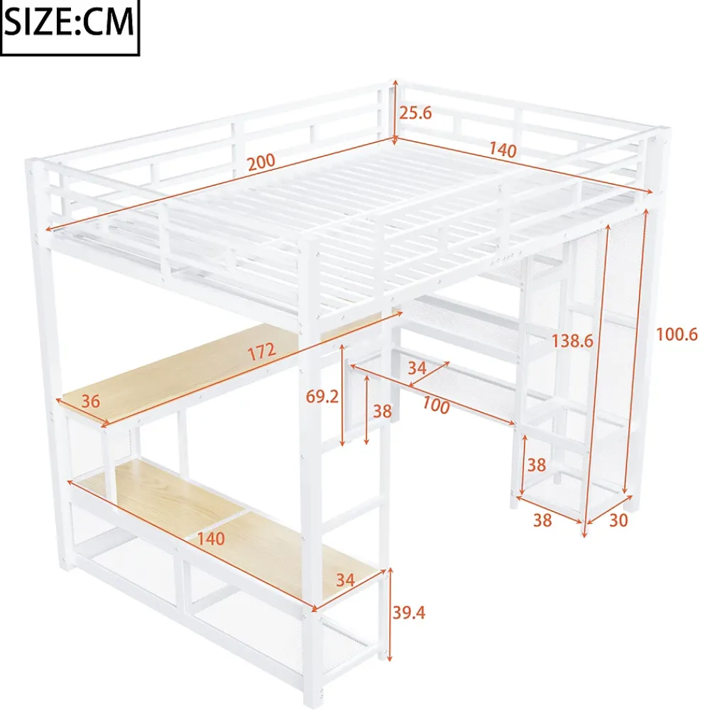 ModernLuxe Lit mezzanine en métal 140x200 cm - Avec bureau et étagères - Avec penderie ouverte - Port USB et LED - Blanc (sans matelas)* Lit Mezzanine