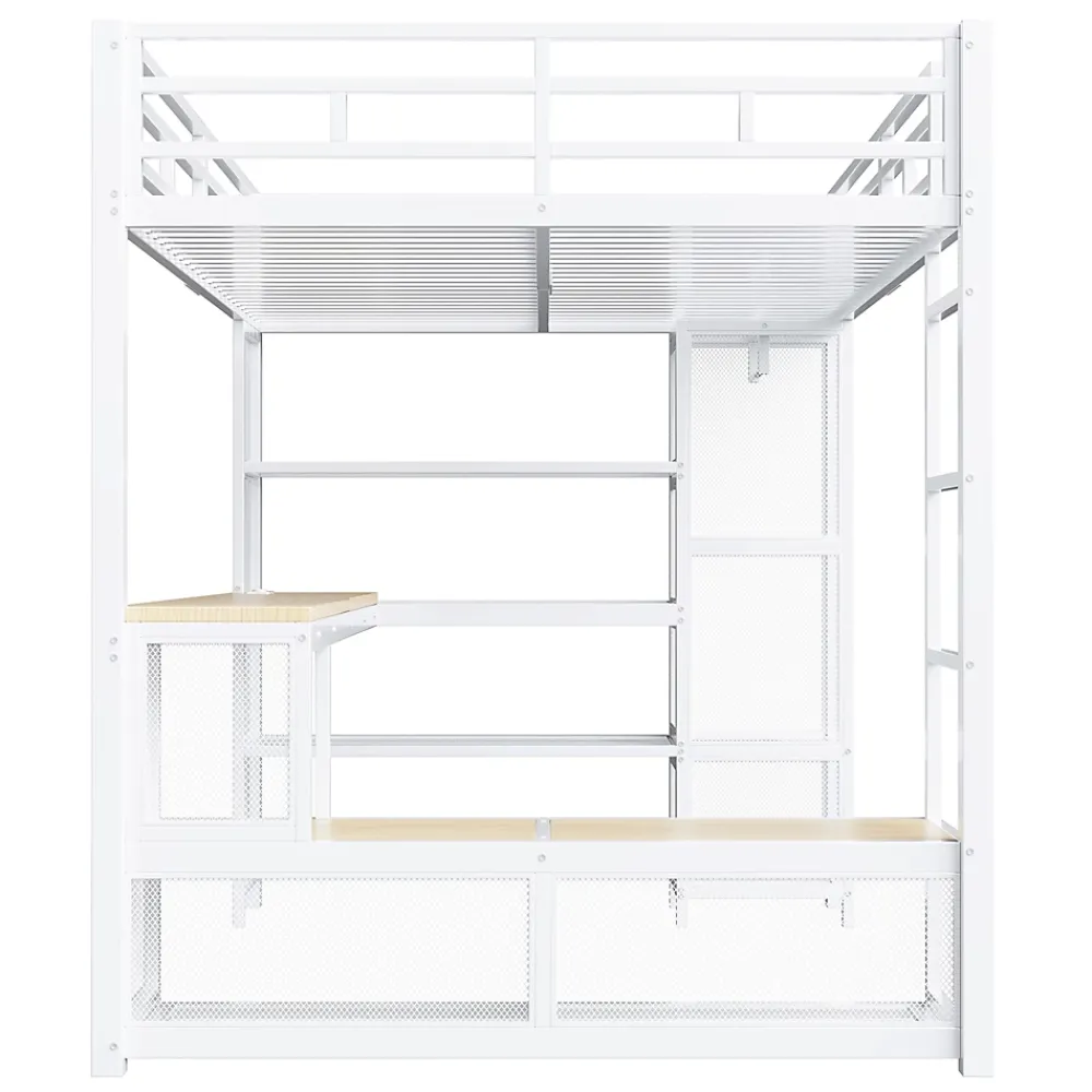 ModernLuxe Lit mezzanine en métal 140x200 cm - Avec bureau et étagères - Avec penderie ouverte - Port USB et LED - Blanc (sans matelas)* Lit Mezzanine