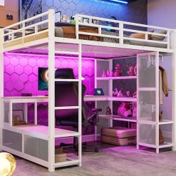 ModernLuxe Lit mezzanine en métal 140x200 cm - Avec bureau et étagères - Avec penderie ouverte - Port USB et LED - Blanc (sans matelas)* Lit Mezzanine