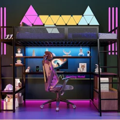 Lit mezzanine en métal 140x200 cm - Avec LED - Bureau et étagère de rangement - Port USB - Noir (sans matelas)>ModernLuxe