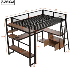 Lit mezzanine en métal 140x200 cm - Avec LED - Bureau et étagère de rangement - Port USB - Noir (sans matelas)><noscript><img width=