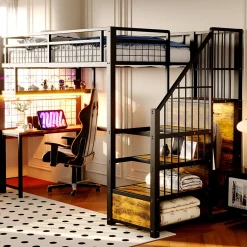 Lit mezzanine en métal 90x200 cm avec LED - prise de recharge - échelle de rangement - étagères et bureau - noir (sans matelas)>ModernLuxe Hot