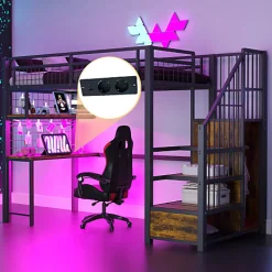 Lit mezzanine en métal 90x200 cm avec LED - prise de recharge - échelle de rangement - étagères et bureau - noir (sans matelas)><noscript><img width=