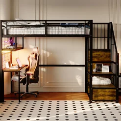 Lit mezzanine en métal 90x200 cm avec LED - prise de recharge - échelle de rangement - étagères et bureau - noir (sans matelas)><noscript><img width=