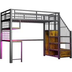 Lit mezzanine en métal 90x200 cm avec LED - prise de recharge - échelle de rangement - étagères et bureau - noir (sans matelas)><noscript><img width=