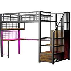 Lit mezzanine en métal 90x200 cm avec LED - prise de recharge - échelle de rangement - étagères et bureau - noir (sans matelas)><noscript><img width=