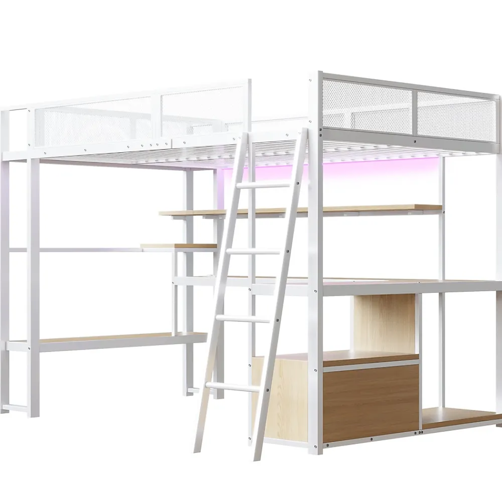 ModernLuxe Lit mezzanine en métal 140x200 cm - Avec LED - Bureau et étagère de rangement - Port USB - Blanc (sans matelas)* Lit Mezzanine