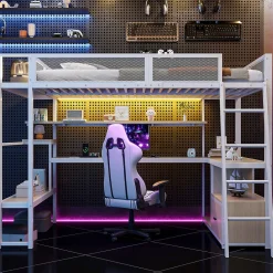 ModernLuxe Lit mezzanine en métal 140x200 cm - Avec LED - Bureau et étagère de rangement - Port USB - Blanc (sans matelas)* Lit Mezzanine