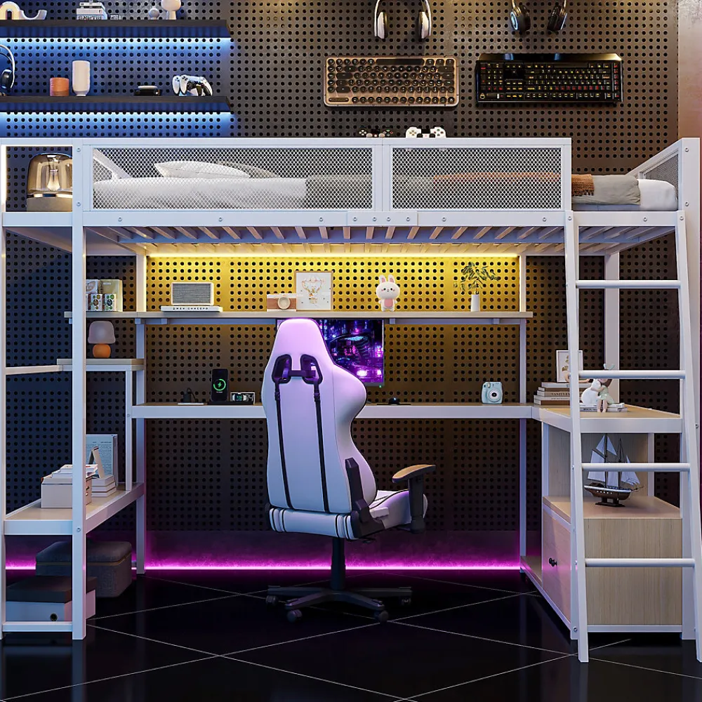 ModernLuxe Lit mezzanine en métal 140x200 cm - Avec LED - Bureau et étagère de rangement - Port USB - Blanc (sans matelas)* Lit Mezzanine
