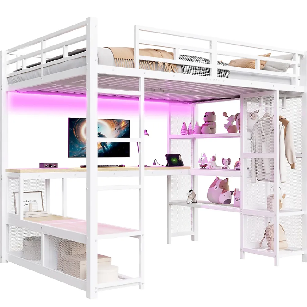 ModernLuxe Lit mezzanine en métal 140x200 cm - Avec LED - Bureau et étagère de rangement - Port USB - Blanc (sans matelas)* Lit Mezzanine