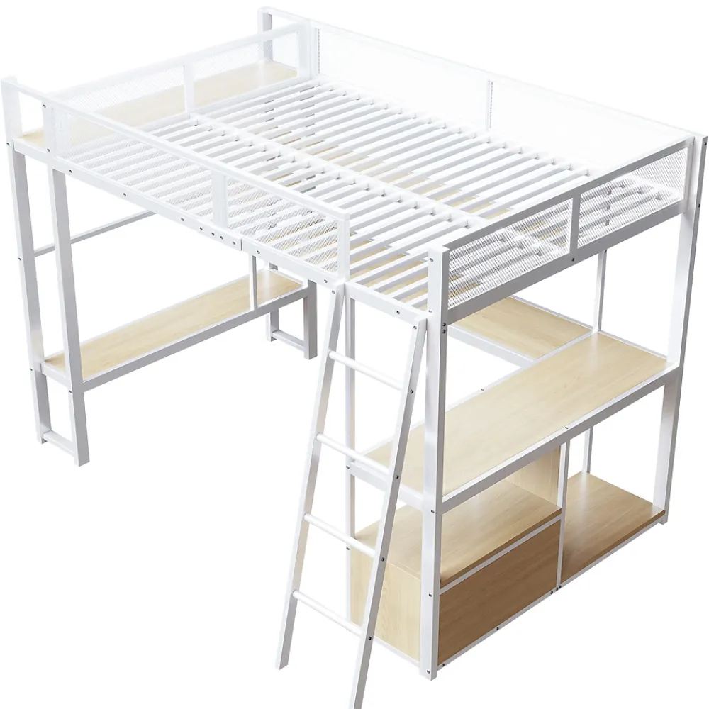 ModernLuxe Lit mezzanine en métal 140x200 cm - Avec LED - Bureau et étagère de rangement - Port USB - Blanc (sans matelas)* Lit Mezzanine