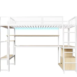 ModernLuxe Lit mezzanine en métal 140x200 cm - Avec LED - Bureau et étagère de rangement - Port USB - Blanc (sans matelas)* Lit Mezzanine