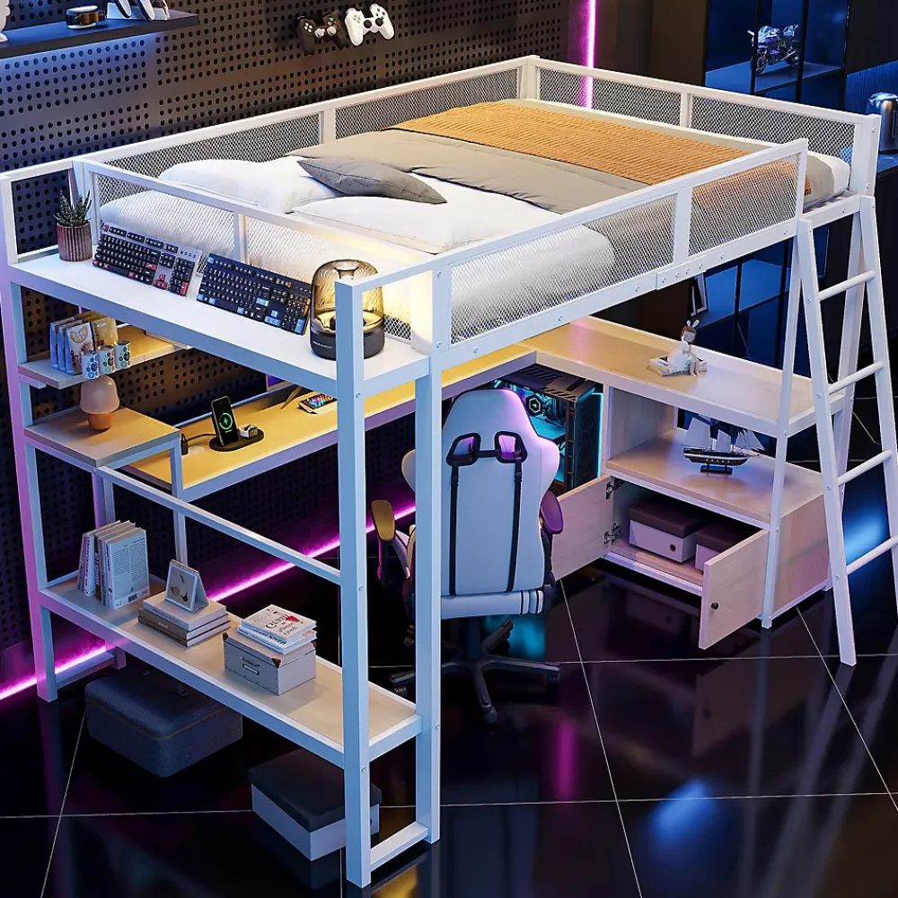 ModernLuxe Lit mezzanine en métal 140x200 cm - Avec LED - Bureau et étagère de rangement - Port USB - Blanc (sans matelas)* Lit Mezzanine