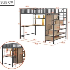 ModernLuxe Lit mezzanine en métal 140x200 cm avec LED - avec étagères - armoire+tiroir - échelle de rangement - noir (sans matelas)* Lit Mezzanine