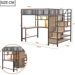 ModernLuxe Lit mezzanine en métal 140x200 cm avec LED - avec étagères - armoire+tiroir - échelle de rangement - noir (sans matelas)* Lit Mezzanine