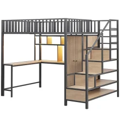 ModernLuxe Lit mezzanine en métal 140x200 cm avec LED - avec étagères - armoire+tiroir - échelle de rangement - noir (sans matelas)* Lit Mezzanine