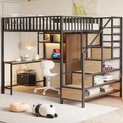 ModernLuxe Lit mezzanine en métal 140x200 cm avec LED - avec étagères - armoire+tiroir - échelle de rangement - noir (sans matelas)* Lit Mezzanine