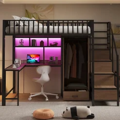 ModernLuxe Lit mezzanine en métal 140x200 cm avec LED - avec étagères - armoire+tiroir - échelle de rangement - noir (sans matelas)* Lit Mezzanine