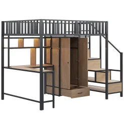 ModernLuxe Lit mezzanine en métal 140x200 cm avec LED - avec étagères - armoire+tiroir - échelle de rangement - noir (sans matelas)* Lit Mezzanine