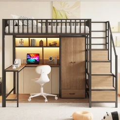 ModernLuxe Lit mezzanine en métal 140x200 cm avec LED - avec étagères - armoire+tiroir - échelle de rangement - noir (sans matelas)* Lit Mezzanine