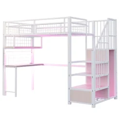 ModernLuxe Lit mezzanine en métal 90x200 cm avec LED - prise de recharge - échelle de rangement - étagères et bureau - blanc (sans matelas)* Lit Mezzanine
