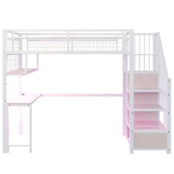 ModernLuxe Lit mezzanine en métal 90x200 cm avec LED - prise de recharge - échelle de rangement - étagères et bureau - blanc (sans matelas)* Lit Mezzanine