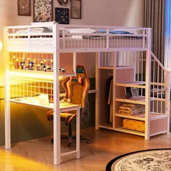 ModernLuxe Lit mezzanine en métal 90x200 cm avec LED - prise de recharge - échelle de rangement - étagères et bureau - blanc (sans matelas)* Lit Mezzanine
