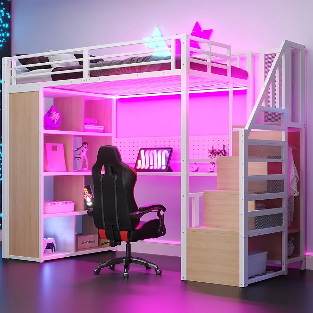 Lit mezzanine en métal 90x200 cm avec armoire et bureau - avec LED - compartiments de rangement - blanc (sans matelas)>ModernLuxe Online