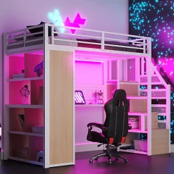 Lit mezzanine en métal 90x200 cm avec armoire et bureau - avec LED - compartiments de rangement - blanc (sans matelas)>ModernLuxe Online