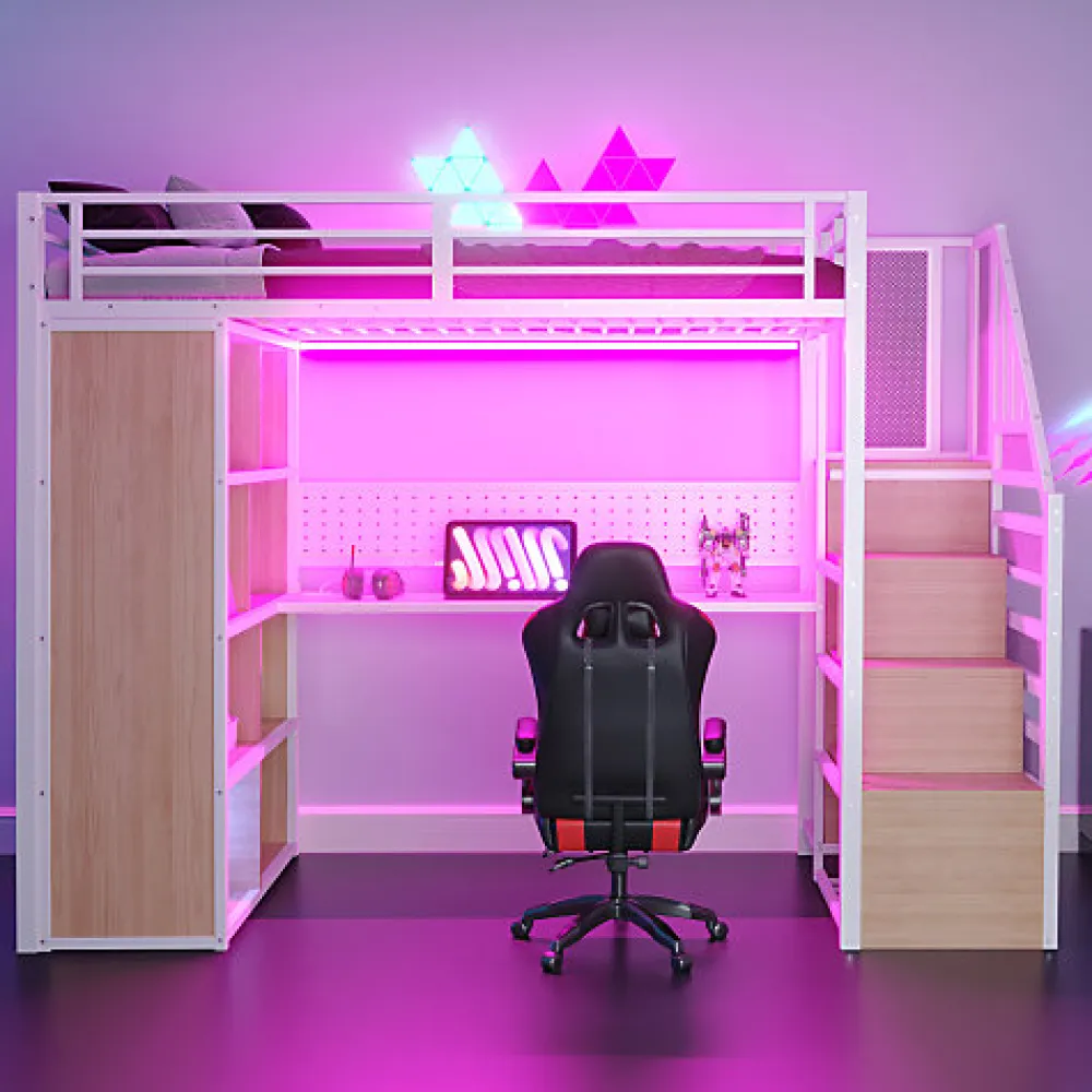 Lit mezzanine en métal 90x200 cm avec armoire et bureau - avec LED - compartiments de rangement - blanc (sans matelas)>ModernLuxe Online