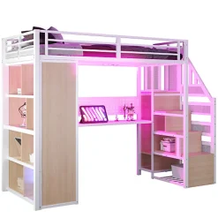 Lit mezzanine en métal 90x200 cm avec armoire et bureau - avec LED - compartiments de rangement - blanc (sans matelas)><noscript><img width=
