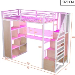 Lit mezzanine en métal 90x200 cm avec armoire et bureau - avec LED - compartiments de rangement - blanc (sans matelas)><noscript><img width=