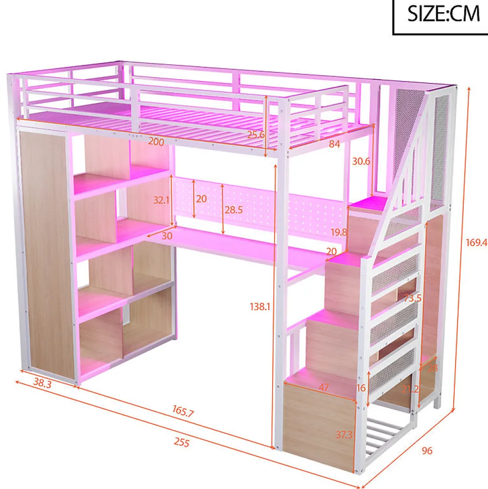 Lit mezzanine en métal 90x200 cm avec armoire et bureau - avec LED - compartiments de rangement - blanc (sans matelas)>ModernLuxe Online