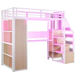 Lit mezzanine en métal 90x200 cm avec armoire et bureau - avec LED - compartiments de rangement - blanc (sans matelas)><noscript><img width=