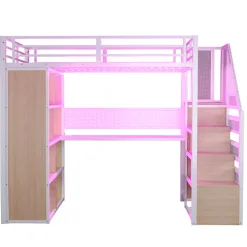 Lit mezzanine en métal 90x200 cm avec armoire et bureau - avec LED - compartiments de rangement - blanc (sans matelas)><noscript><img width=