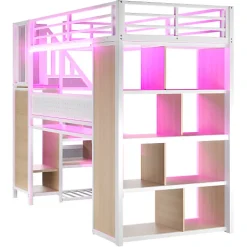 Lit mezzanine en métal 90x200 cm avec armoire et bureau - avec LED - compartiments de rangement - blanc (sans matelas)><noscript><img width=