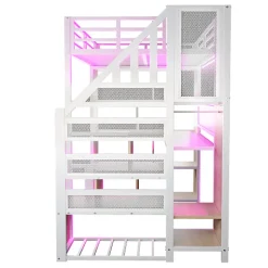Lit mezzanine en métal 90x200 cm avec armoire et bureau - avec LED - compartiments de rangement - blanc (sans matelas)><noscript><img width=