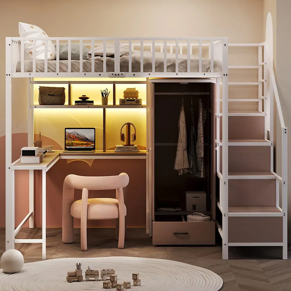 ModernLuxe Lit mezzanine en métal 140x200 cm avec LED - avec étagères - armoire+tiroir - échelle de rangement - blanc (sans matelas)* Lit Mezzanine