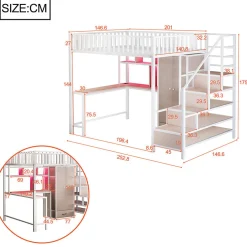 ModernLuxe Lit mezzanine en métal 140x200 cm avec LED - avec étagères - armoire+tiroir - échelle de rangement - blanc (sans matelas)* Lit Mezzanine