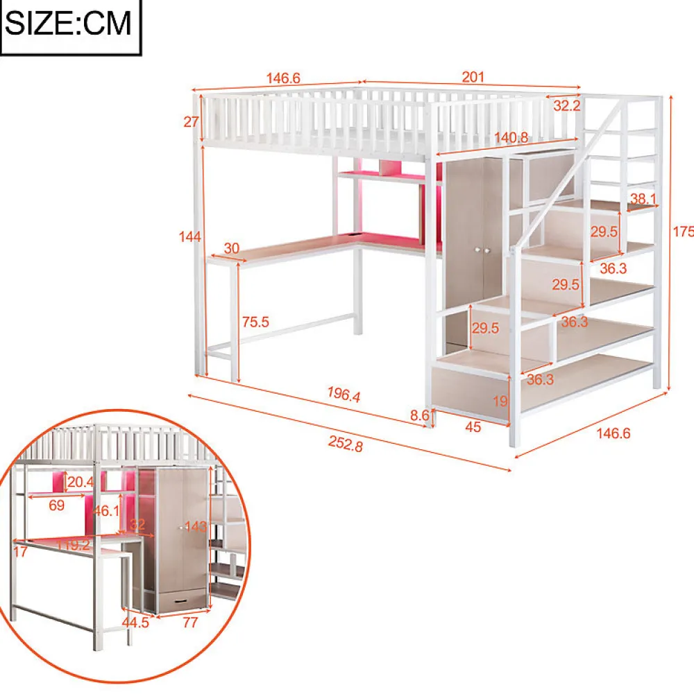 ModernLuxe Lit mezzanine en métal 140x200 cm avec LED - avec étagères - armoire+tiroir - échelle de rangement - blanc (sans matelas)* Lit Mezzanine