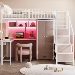 ModernLuxe Lit mezzanine en métal 140x200 cm avec LED - avec étagères - armoire+tiroir - échelle de rangement - blanc (sans matelas)* Lit Mezzanine